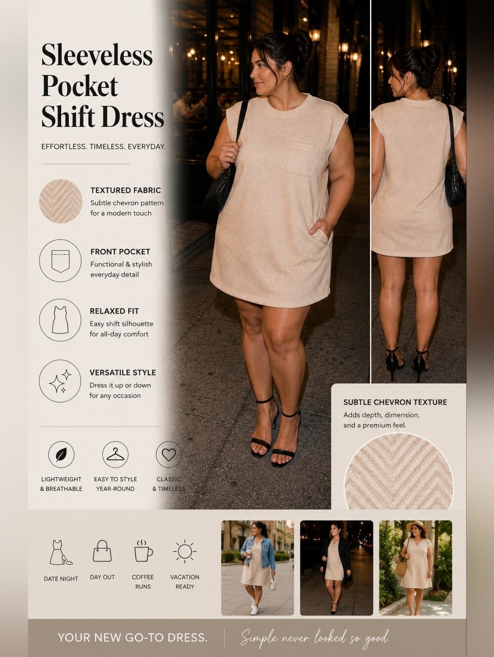 Sleeveless Beige Pocket Shift Dress - Women's